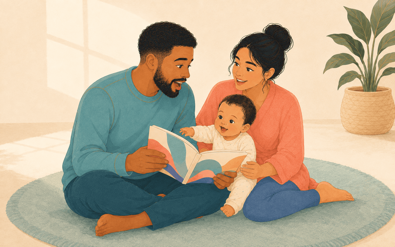 Kısa saçlı bir baba ve anne, oturan bebekleriyle resimli bir kitap okuyor.